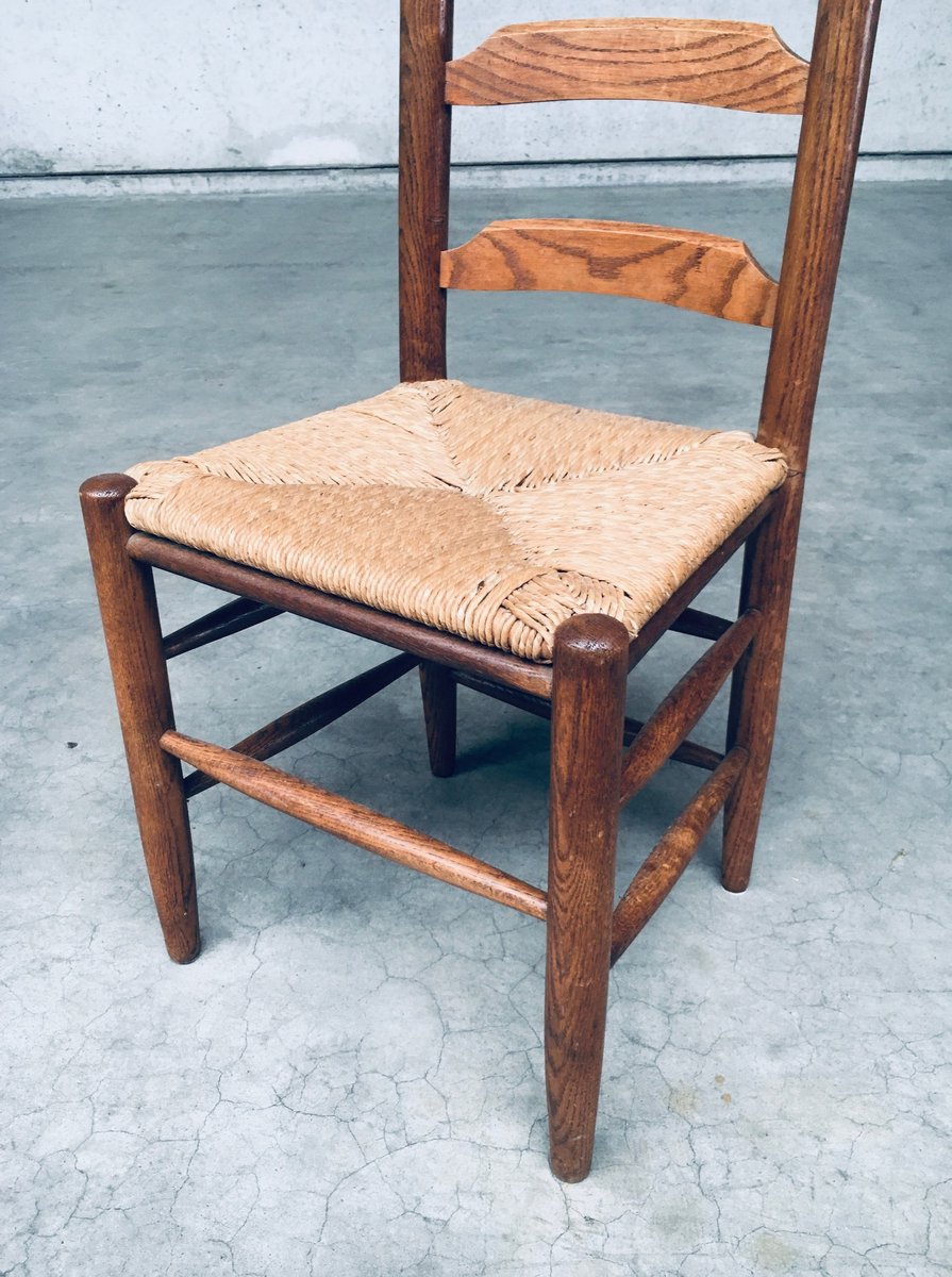 Rustic Ladder Back Oak & Rush Dining Chairs, Belgium, 1960s, Set of 6