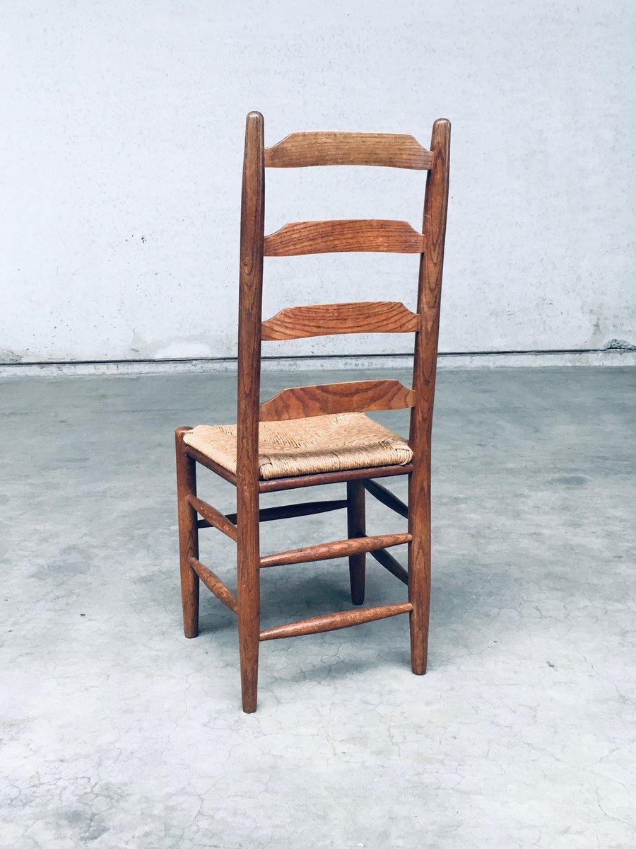 Rustic Ladder Back Oak & Rush Dining Chairs, Belgium, 1960s, Set of 6