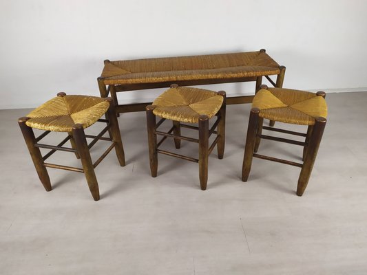 Rustic Style Bench and Stools by Charlotte Perriand, Set of 4-EAD-919488