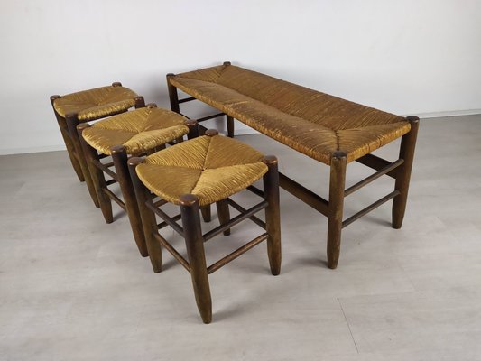 Rustic Style Bench and Stools by Charlotte Perriand, Set of 4-EAD-919488