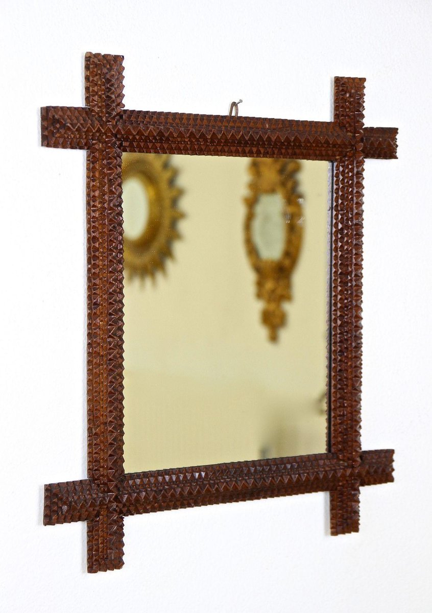 Rustic Tramp Art Wall Mirror with Chip Carvings, Austria, 1880s