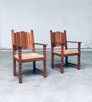 Rustic Travail Populaire Oak & Rush Armchair Set, Belgium, 1960s, Set of 2-RQV-2036283