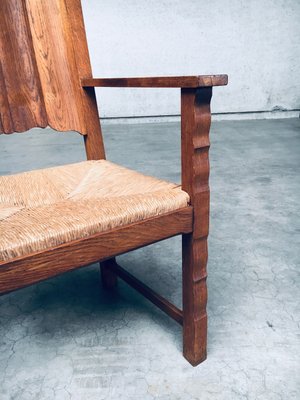 Rustic Travail Populaire Oak & Rush Armchair Set, Belgium, 1960s, Set of 2-RQV-2036283