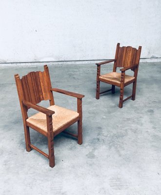 Rustic Travail Populaire Oak & Rush Armchair Set, Belgium, 1960s, Set of 2-RQV-2036283