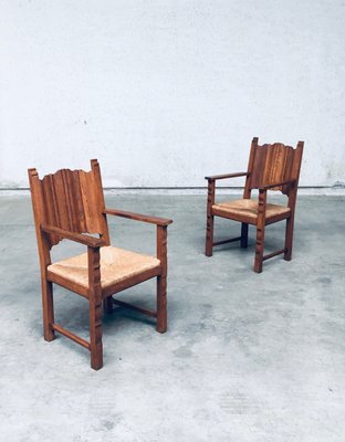 Rustic Travail Populaire Oak & Rush Armchair Set, Belgium, 1960s, Set of 2-RQV-2036283