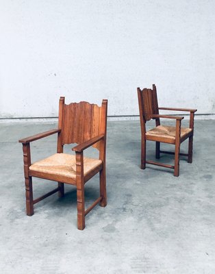 Rustic Travail Populaire Oak & Rush Armchair Set, Belgium, 1960s, Set of 2-RQV-2036283