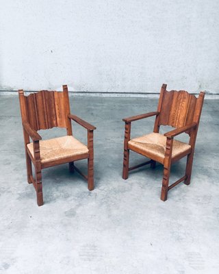 Rustic Travail Populaire Oak & Rush Armchair Set, Belgium, 1960s, Set of 2-RQV-2036283