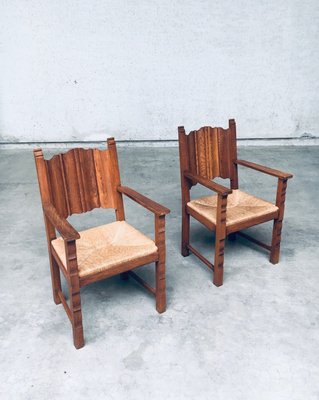 Rustic Travail Populaire Oak & Rush Armchair Set, Belgium, 1960s, Set of 2-RQV-2036283