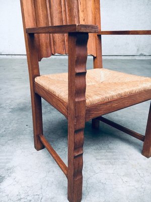 Rustic Travail Populaire Oak & Rush Armchair Set, Belgium, 1960s, Set of 2-RQV-2036283