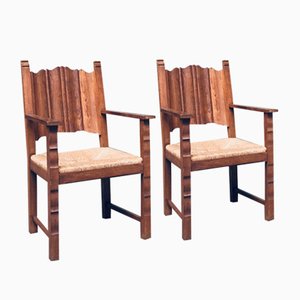 Rustic Travail Populaire Oak & Rush Armchair Set, Belgium, 1960s, Set of 2-RQV-2036283