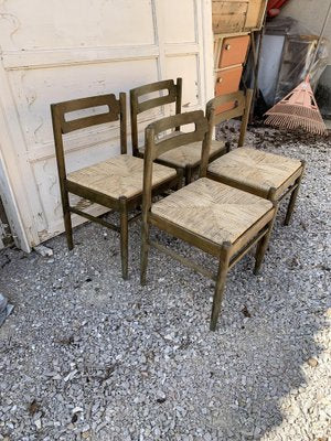 Rustic Wooden Dining Chairs with Straw Seats, 1970s, Set of 4-OXJ-1723150