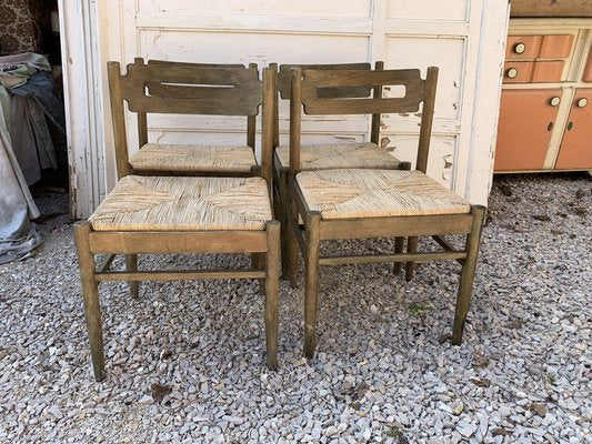 Rustic Wooden Dining Chairs with Straw Seats, 1970s, Set of 4-OXJ-1723150