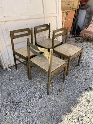 Rustic Wooden Dining Chairs with Straw Seats, 1970s, Set of 4-OXJ-1723150