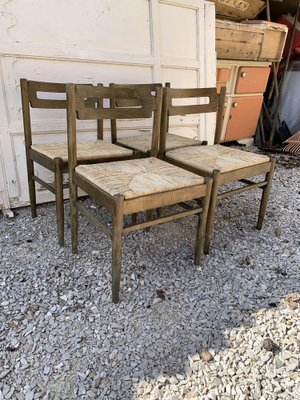 Rustic Wooden Dining Chairs with Straw Seats, 1970s, Set of 4-OXJ-1723150