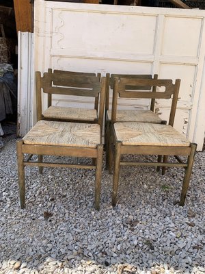 Rustic Wooden Dining Chairs with Straw Seats, 1970s, Set of 4-OXJ-1723150