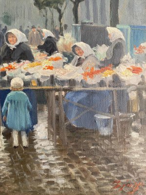 S. Christian Bjulf, Copenhagen Flower Market, 1940s, Oil on Canvas-CJU-2031366