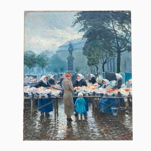 S. Christian Bjulf, Copenhagen Flower Market, 1940s, Oil on Canvas-CJU-2031366