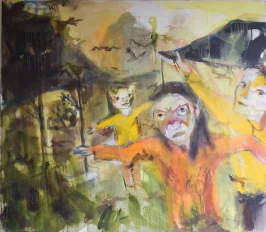 Sabrina Shah, Figures with Masks and Birds, 21st-Century, Oil on Canvas