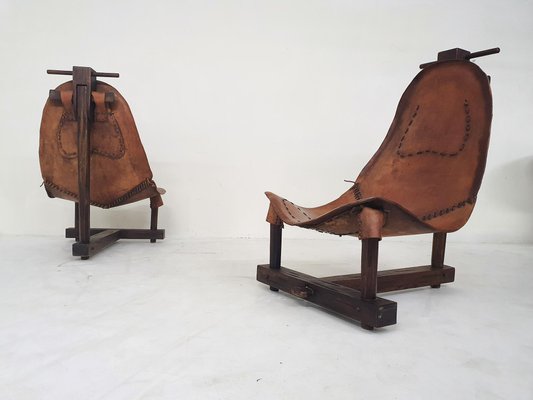 Saddle Leather Lounge Chairs, Brazil, 1960s, Set of 2-ZO-1393597