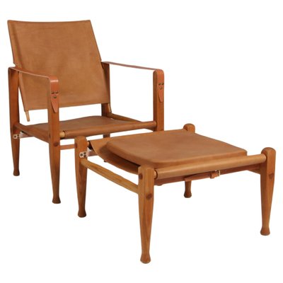 Safari Chair with Ottoman attributed to Kaare Klint for Rud Rasmussen, 1960s, Set of 2-HJB-1724397