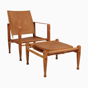 Safari Chair with Ottoman attributed to Kaare Klint for Rud Rasmussen, 1960s, Set of 2-HJB-1724397