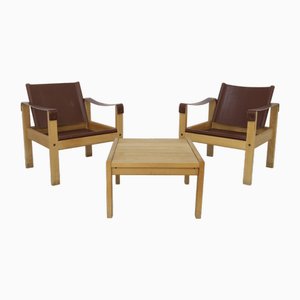 Safari Lounge Chairs in Leather with Coffee Table by Carl Heinz Bergmiller for Escriba Brazil, 1970s, Set of 3-RZV-1746988