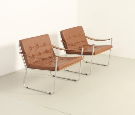 Safari Style Armchairs with Leather Strap Armrests, 1960s, Set of 2-UB-1806153