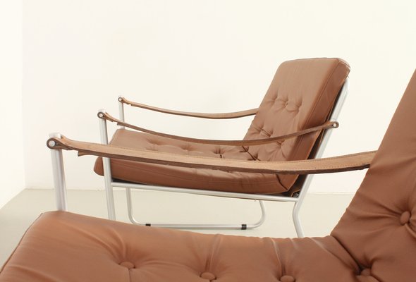 Safari Style Armchairs with Leather Strap Armrests, 1960s, Set of 2-UB-1806153