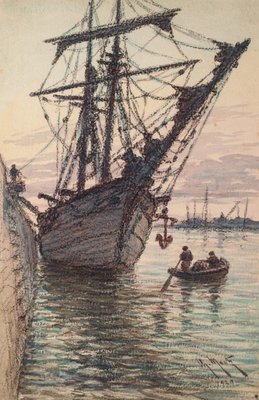 Sailing Ship In the Harbour, Original Watercolor, 1929-ZCI-890967