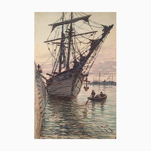 Sailing Ship In the Harbour, Original Watercolor, 1929-ZCI-890967