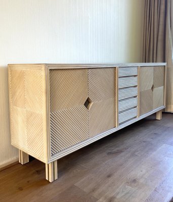 Salmon Colored Teak Sideboard with Pencil Reed Parts and Brass Accents, 1970s-LL-1736434