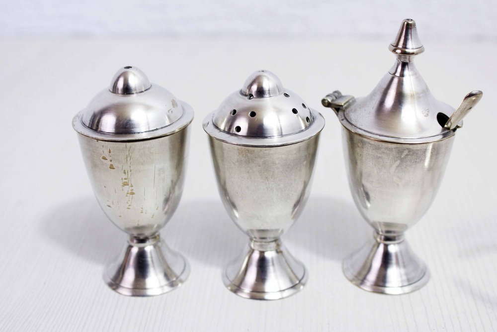 Salt and Pepper Set in Silver Metal, United Kingdom, 1930s, Set of 4