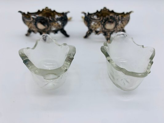 Salt Bowls with Spoons and Glass Inserts, 1890s, Set of 4-BZB-2031483