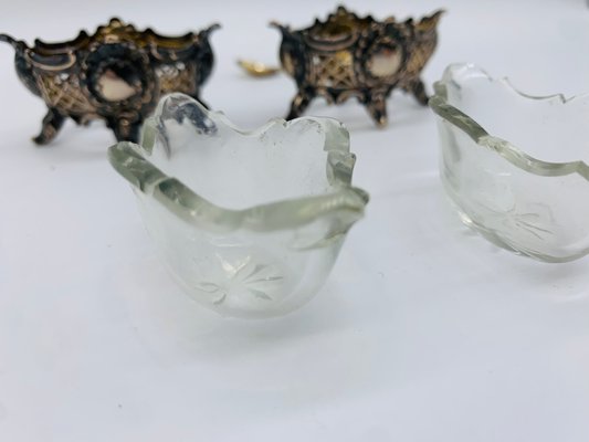 Salt Bowls with Spoons and Glass Inserts, 1890s, Set of 4-BZB-2031483