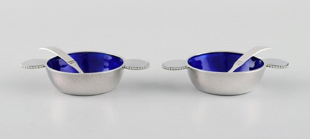 Salt Vessels in Sterling Silver with Royal Blue Enamel from Evald Nielsen, Set of 4