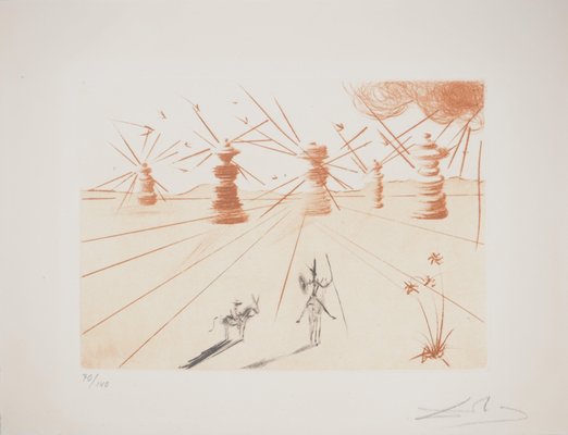 Salvador Dali, Don Quixote and the Windmills, Original Engraving-KHH-2023050