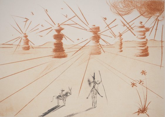 Salvador Dali, Don Quixote and the Windmills, Original Engraving-KHH-2023050