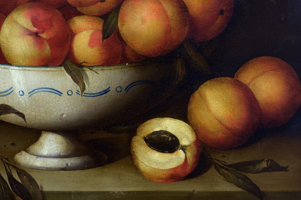 Salvatore Marinelli, Still Life with Peaches in a Bowl, 1980s, Oil on Canvas, Framed-VHF-2041904