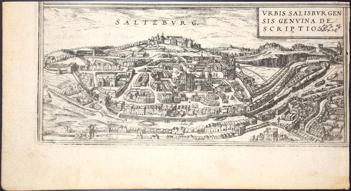 Salzburg, Map from ''Civitates Orbis Terrarum''-by F. Hogenberg - 1575 1575-ZCI-757880