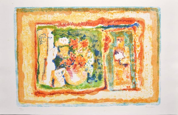 Sami Burhan, Figure With Flowers, Lithograph, 1969-ZCI-871362