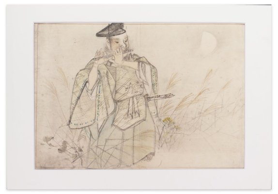 Samurai Playing Flute - Mixed Media by Matsumura Keibun School - 1800 19th Century-ZCI-757248