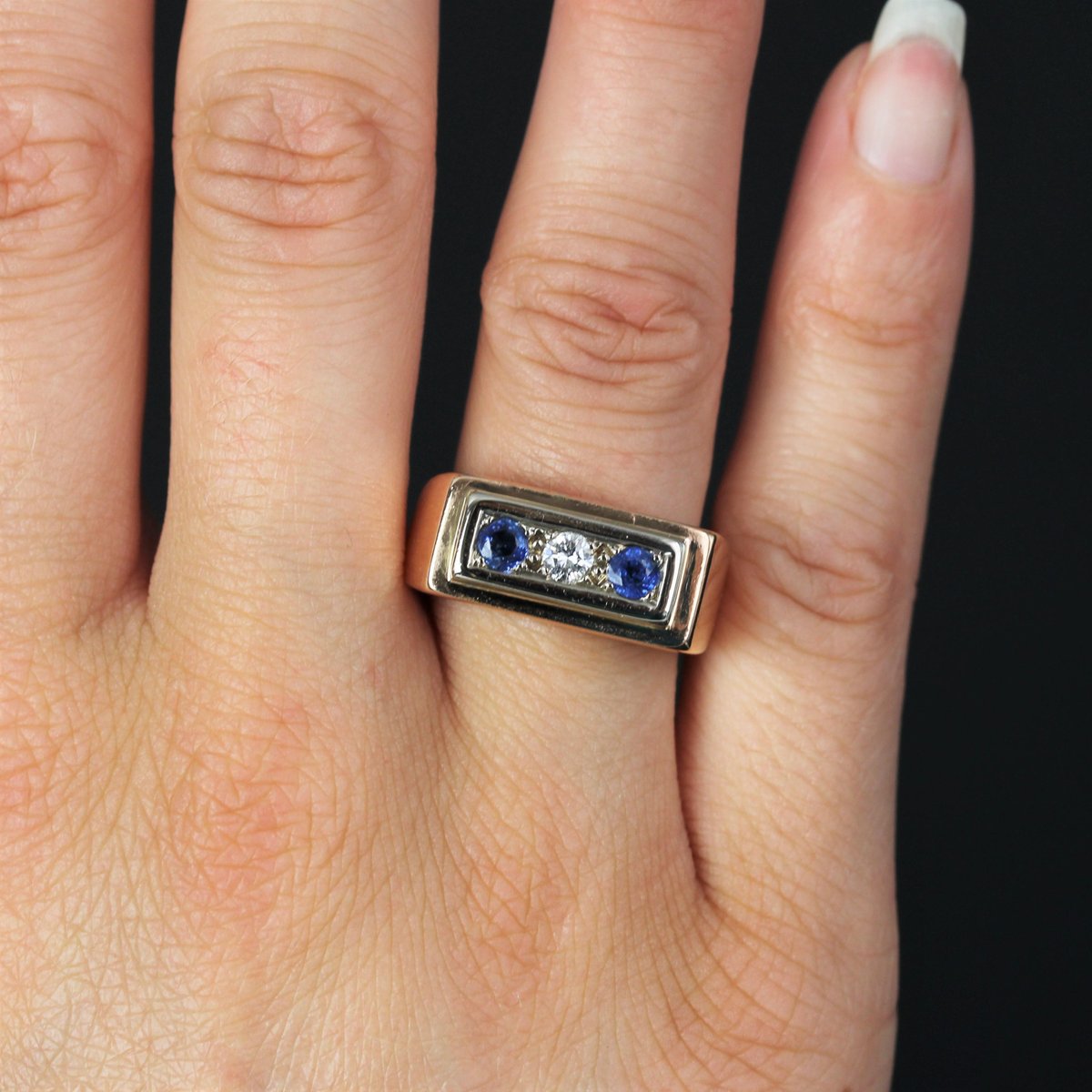 Sapphire, Diamond and 18 Karat Rose Gold Tank Signet Ring, 1940s