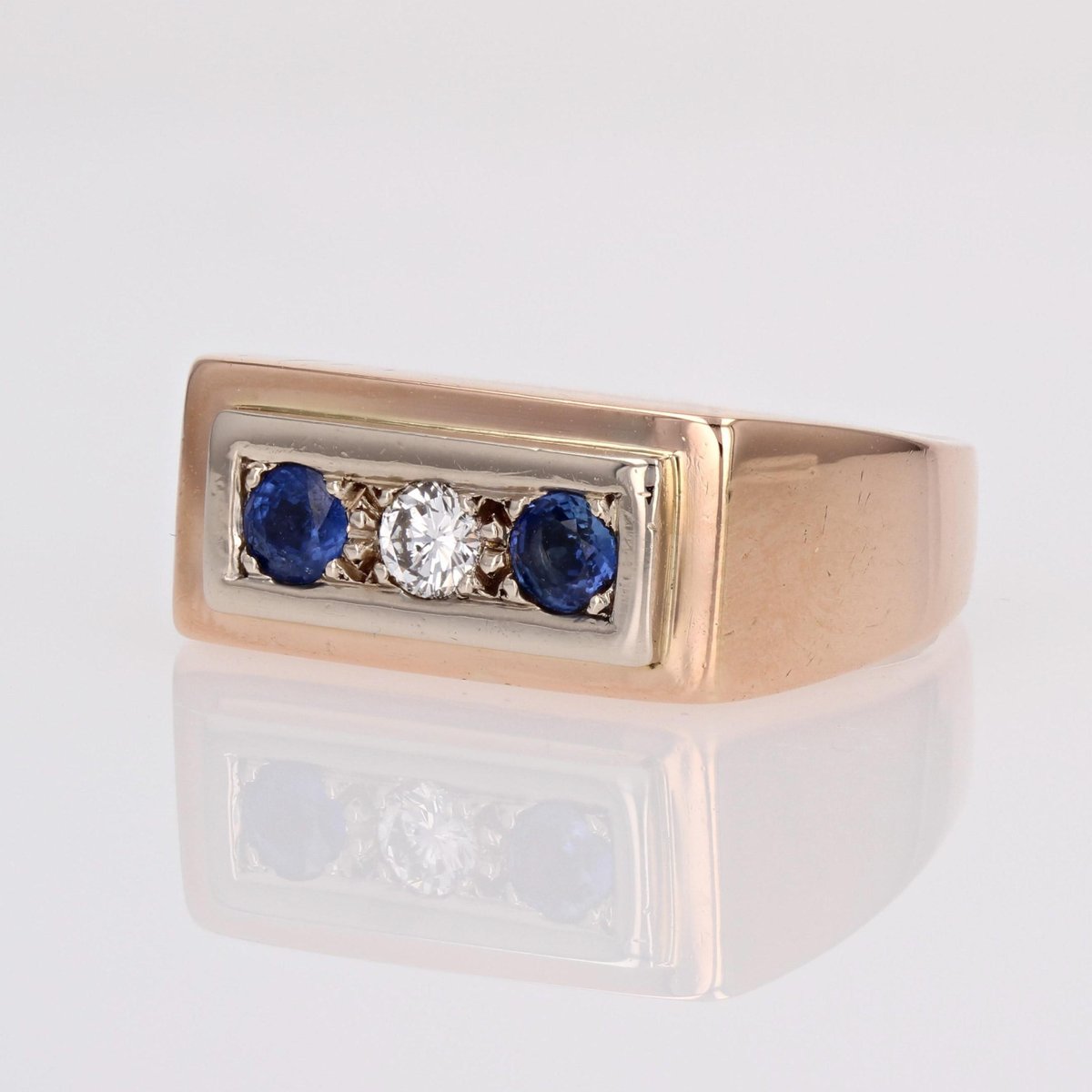 Sapphire, Diamond and 18 Karat Rose Gold Tank Signet Ring, 1940s