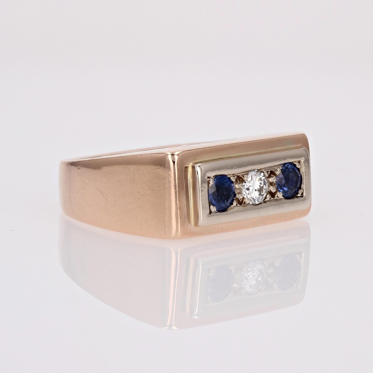 Sapphire, Diamond and 18 Karat Rose Gold Tank Signet Ring, 1940s