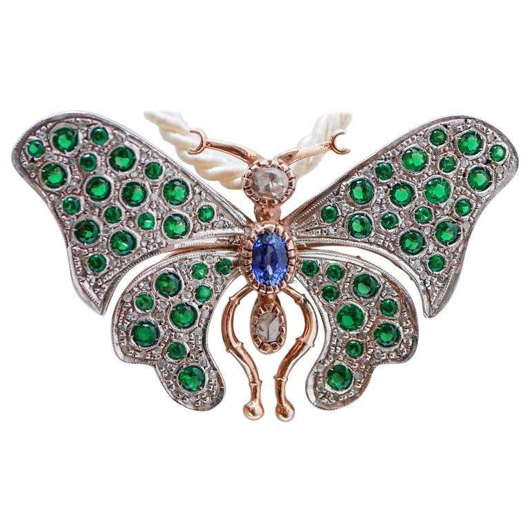 Sapphire, Diamonds, Hydrothermal Spinel, Rose Gold and Silver Butterfly Brooch