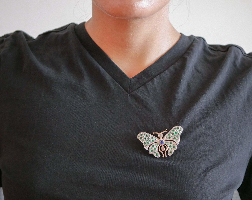 Sapphire, Diamonds, Hydrothermal Spinel, Rose Gold and Silver Butterfly Brooch