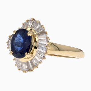 Sapphire Trapeze Cut Diamonds 18 Karat Yellow Gold Ring, 1980s-OLU-2042372