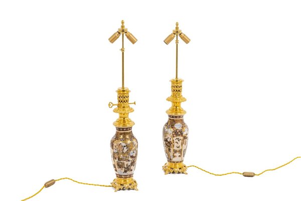 Satsuma Earthenware and Gilt Bronze Lamps, 1880s, Set of 2-CEJ-1137518