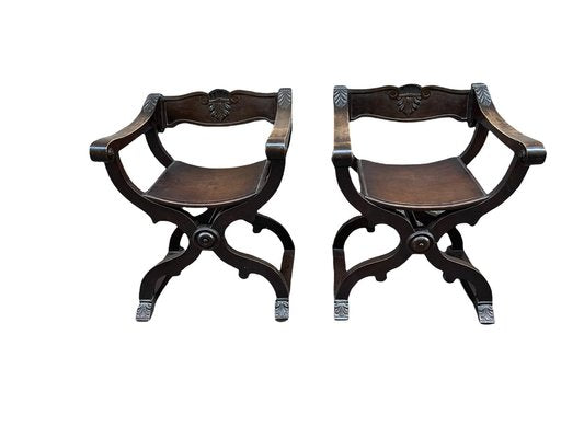 Savonarola Style Chairs with Backrests, 19th Century, Set of 2-PKM-1717584