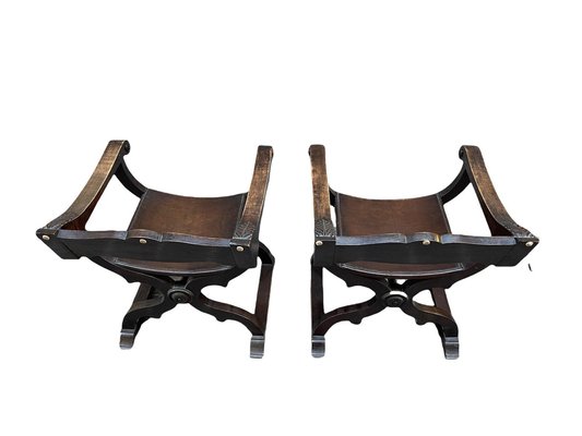 Savonarola Style Chairs with Backrests, 19th Century, Set of 2-PKM-1717584